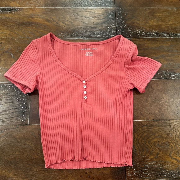 American Eagle Short Sleeve Cropped Henley - Picture 1 of 3